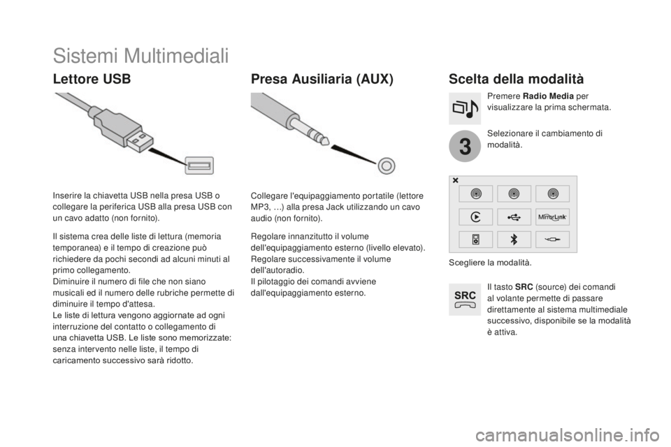 CITROEN DS3 2017  Libretti Di Uso E manutenzione (in Italian) 3
DS3_it_Chap11c_SMEGplus_ed02-2015
Sistemi Multimediali
Lettore uSBS celta della modalità
Il tasto SRC (source) dei comandi 
al volante permette di passare 
direttamente al sistema multimediale 
suc