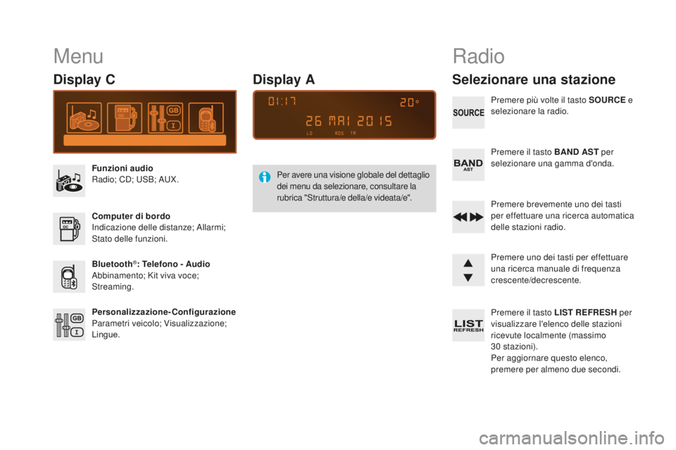 CITROEN DS3 2017  Libretti Di Uso E manutenzione (in Italian) DS3_it_Chap11d_RD45_ed02-2015
Menu
Display C
Funzioni audio
Radio; CD; USB; AUX.
Computer di bordo
Indicazione delle distanze; Allarmi; 
Stato delle funzioni.
Bluetooth
®: Telefono - Audio
Abbinament