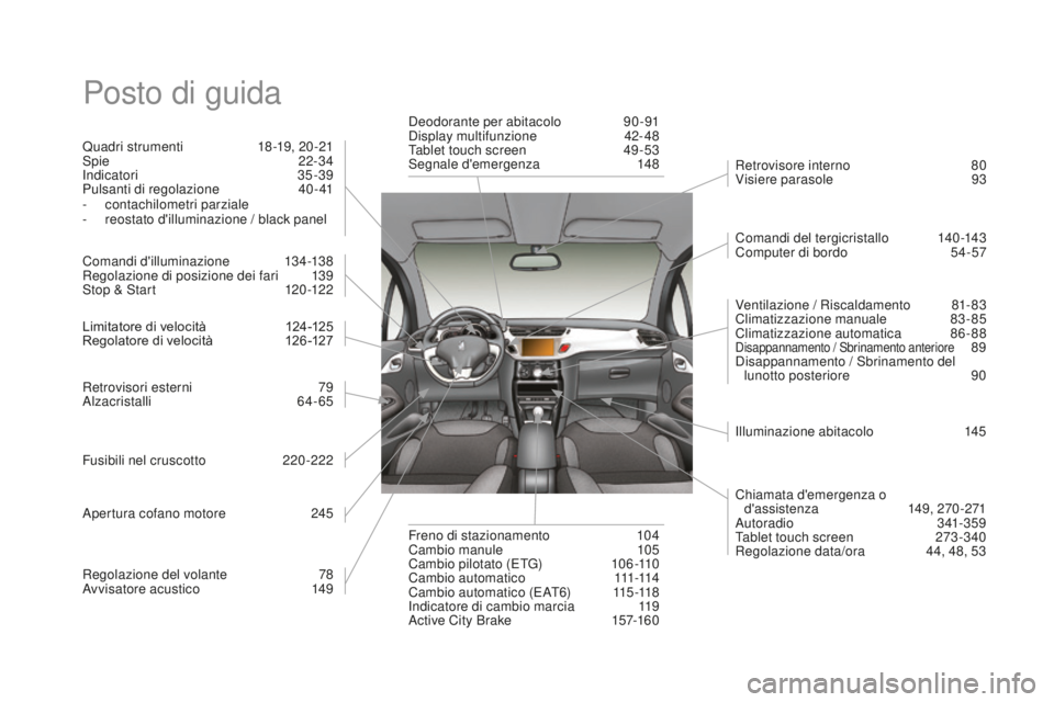 CITROEN DS3 2017  Libretti Di Uso E manutenzione (in Italian) DS3_it_Chap12_index-recherche_ed02-2015
Posto di guida
Quadri strumenti 18-19, 20 -21
Spie 2 2-34
Indicatori
 35

-39
Pulsanti di regolazione
 40

-41
-
 co

ntachilometri parziale
-
 re

ostato d'