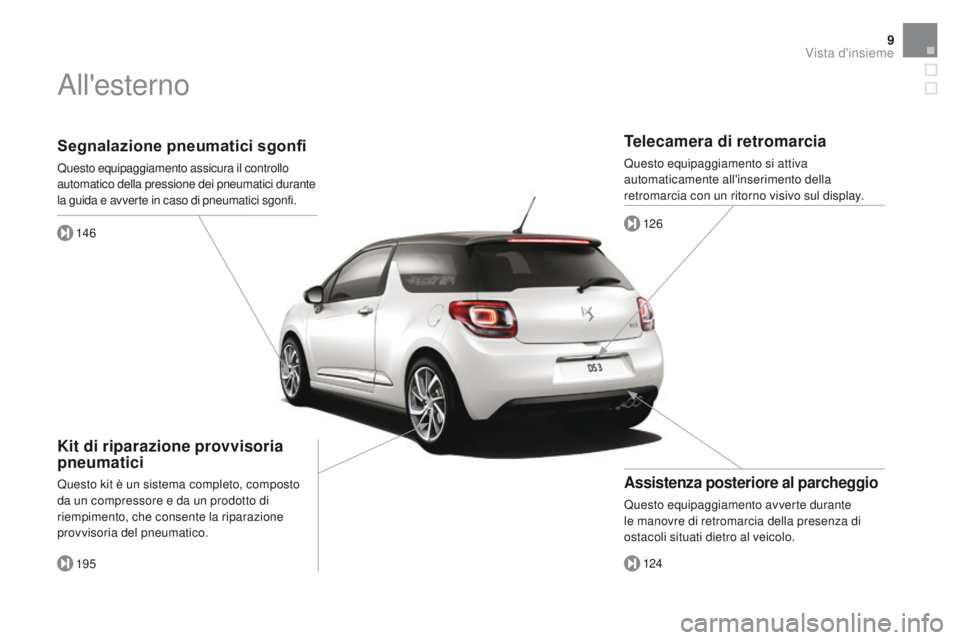 CITROEN DS3 2016  Libretti Di Uso E manutenzione (in Italian) 9
DS3_it_Chap00b_vue-ensemble_ed01-2015
Segnalazione pneumatici sgonfi
Questo equipaggiamento assicura il controllo 
automatico della pressione dei pneumatici durante 
la guida e avverte in caso di pn