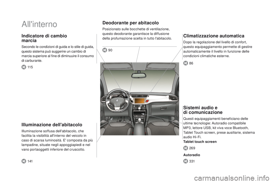 CITROEN DS3 2016  Libretti Di Uso E manutenzione (in Italian) DS3_it_Chap00b_vue-ensemble_ed01-2015
All'interno
Illuminazione dell'abitacolo
Illuminazione soffusa dell'abitacolo, che 
facilita la visibilità all'interno del veicolo in 
caso di sc