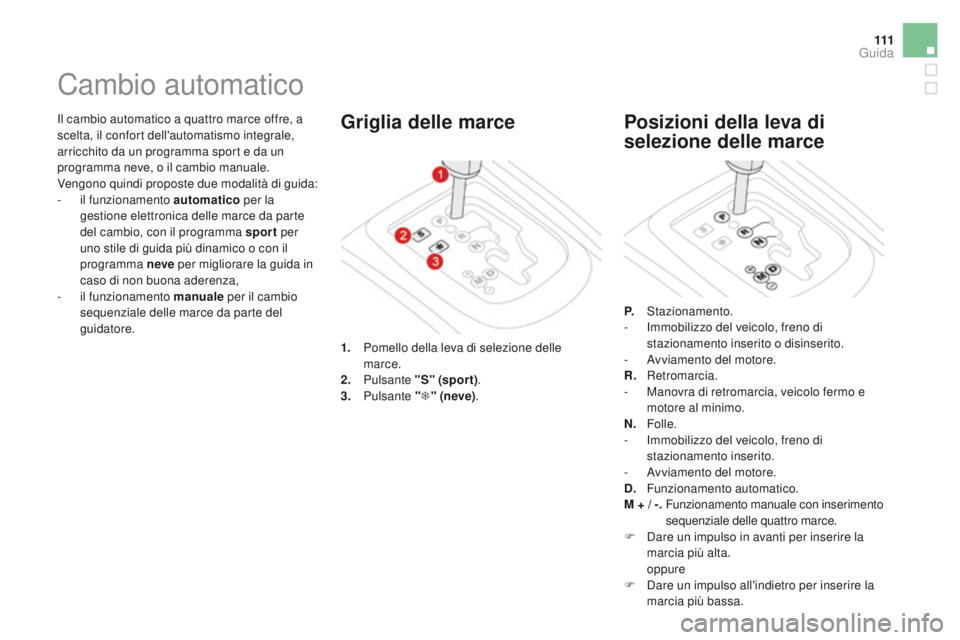 CITROEN DS3 2016  Libretti Di Uso E manutenzione (in Italian) 111
DS3_it_Chap04_conduite_ed01-2015
Il cambio automatico a quattro marce offre, a 
scelta, il confort dell'automatismo integrale, 
arricchito da un programma sport e da un 
programma neve, o il c