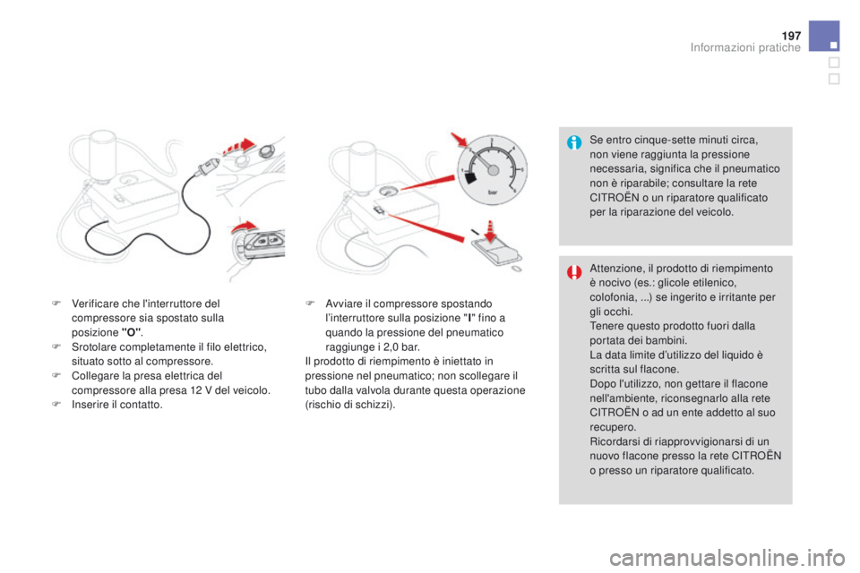 CITROEN DS3 2016 Libretti Di Uso E manutenzione (in Italian) 197
DS3_it_Chap08_info-pratiques_ed01-2015
Se entro cinque-sette minuti circa,
non viene raggiunta la pressione
necessaria, significa che il pneumatico
non è riparabile; consultare la rete
CITRO CITROEN DS3 2016 Libretti Di Uso E manutenzione (in Italian) 197
DS3_it_Chap08_info-pratiques_ed01-2015
Se entro cinque-sette minuti circa,
non viene raggiunta la pressione
necessaria, significa che il pneumatico
non è riparabile; consultare la rete
CITRO
