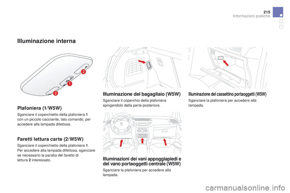 CITROEN DS3 2016  Libretti Di Uso E manutenzione (in Italian) 215
DS3_it_Chap08_info-pratiques_ed01-2015
Illuminazione interna
Plafoniera (1/W5W)
Sganciare il coperchietto della plafoniera 1 
con un piccolo cacciavite, lato comando, per 
accedere alla lampada di