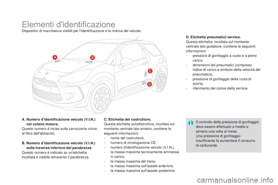 CITROEN DS3 2016  Libretti Di Uso E manutenzione (in Italian) DS3_it_Chap10_caracteristiques_ed01-2015
Elementi d'identificazioneDispositivi di marchiatura visibili per l'identificazione e la ricerca del veicolo.
A.  
N
 umero d'identificazione veico