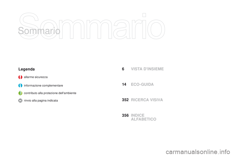 CITROEN DS3 2016  Libretti Di Uso E manutenzione (in Italian) DS3_it_Chap00a_sommaire_ed01-2015
Sommario
VISTA D'INSIEME
Legenda
allarme sicurezza
informazione complementare
contributo alla protezione dell'ambiente
rinvio alla pagina indicata
RICERCA VIS