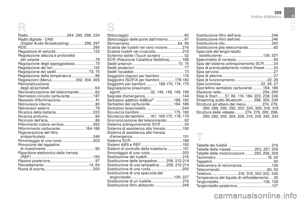 CITROEN DS3 2016  Libretti Di Uso E manutenzione (in Italian) 359
DS3_it_Chap12_index-recherche_ed01-2015
Radio .................................... 294, 295, 298, 334
Radio digitale - DAB   (Digital Audio Broadcasting) ..............296, 297
RDS
 

............