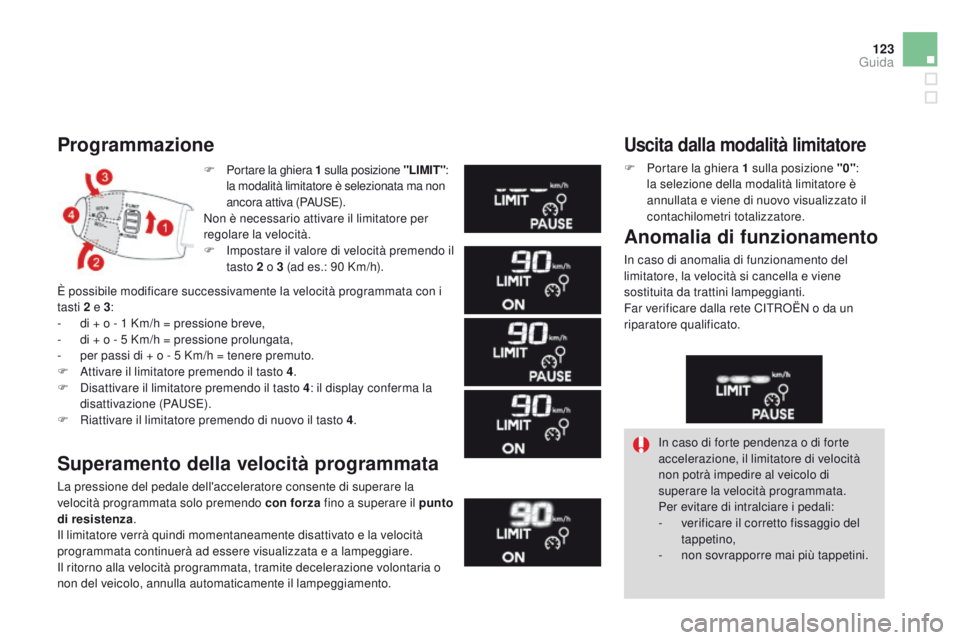 CITROEN DS3 2015  Libretti Di Uso E manutenzione (in Italian) 123
DS3_it_Chap06_conduite_ed01-2014
F Portare la ghiera 1 sulla posizione "LIMIT" : 
la modalità limitatore è selezionata ma non 
ancora attiva (P
a

u
S
 E).
Non è necessario attivare il 
