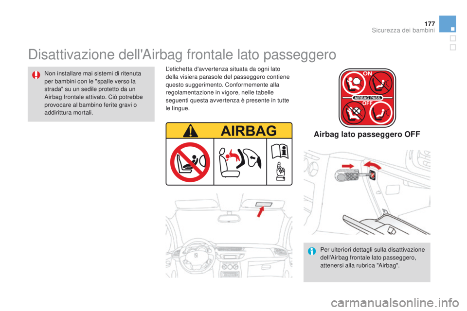 CITROEN DS3 2015  Libretti Di Uso E manutenzione (in Italian) 177
DS3_it_Chap09_securite-enfants_ed01-2014
Disattivazione dell'airbag frontale lato passeggero
Non installare mai sistemi di ritenuta 
per bambini con le "spalle verso la 
strada" su un 
