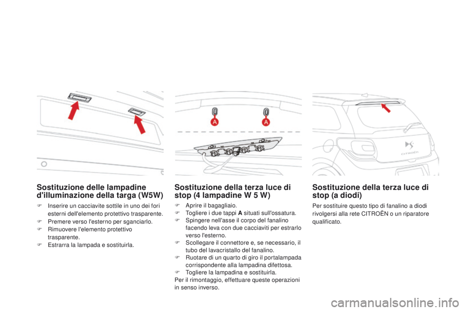 CITROEN DS3 2015  Libretti Di Uso E manutenzione (in Italian) DS3_it_Chap10_info-pratiques_ed01-2014
Sostituzione della terza luce di 
stop (4  lampadine W 5   W)
F  aprire il bagagliaio.
F
 T ogliere i due tappi A situati sull'ossatura.
F
 
S
 pingere nell&