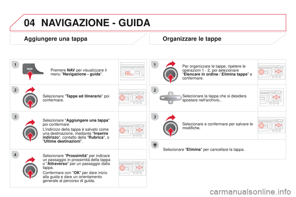 CITROEN DS3 2015  Libretti Di Uso E manutenzione (in Italian) 04
DS3_it_Chap13b_RT6-2-8_ed01-2014
Aggiungere una tappa
Premere N AV per visualizzare il 
menu "Navigazione - guida ".
Selezionare " Tappe ed itinerario " poi 
confermare.
Selezionare