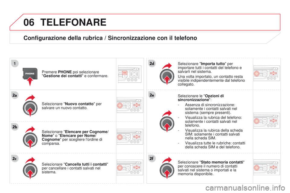 CITROEN DS3 2015  Libretti Di Uso E manutenzione (in Italian) 06
DS3_it_Chap13b_RT6-2-8_ed01-2014
TELEFONARE
configurazione della rubrica / Sincronizzazione con il telefono
Premere PHONE poi selezionare 
"g estione dei contatti " e confermare.
Selezionar