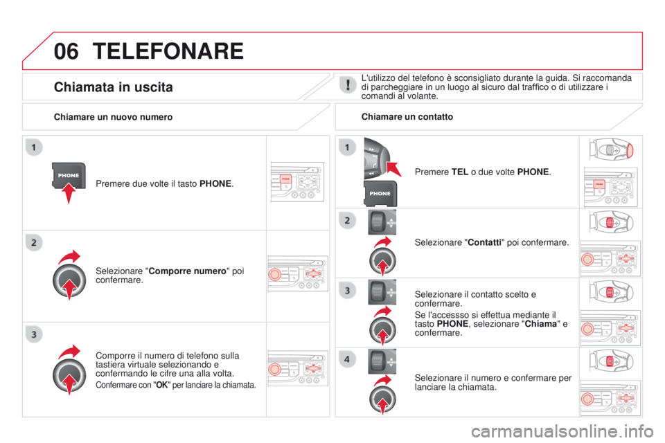 CITROEN DS3 2015  Libretti Di Uso E manutenzione (in Italian) 06
DS3_it_Chap13b_RT6-2-8_ed01-2014
TELEFONARE
Premere due volte il tasto PHONE.
Selezionare "
c
 omporre numero" poi 
confermare. Selezionare "
c

ontatti" poi confermare.
Comporre il