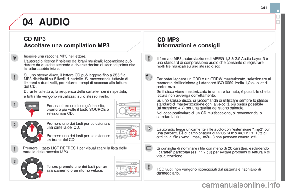 CITROEN DS3 2015  Libretti Di Uso E manutenzione (in Italian) 04
341
DS3_it_Chap13c_RD45_ed01_2014
il formato MP3, abbreviazione di MPEG 1,2 & 2.5 audio Layer 3 è 
uno standard di compressione audio che consente di registrare 
molti file musicali su uno stesso 