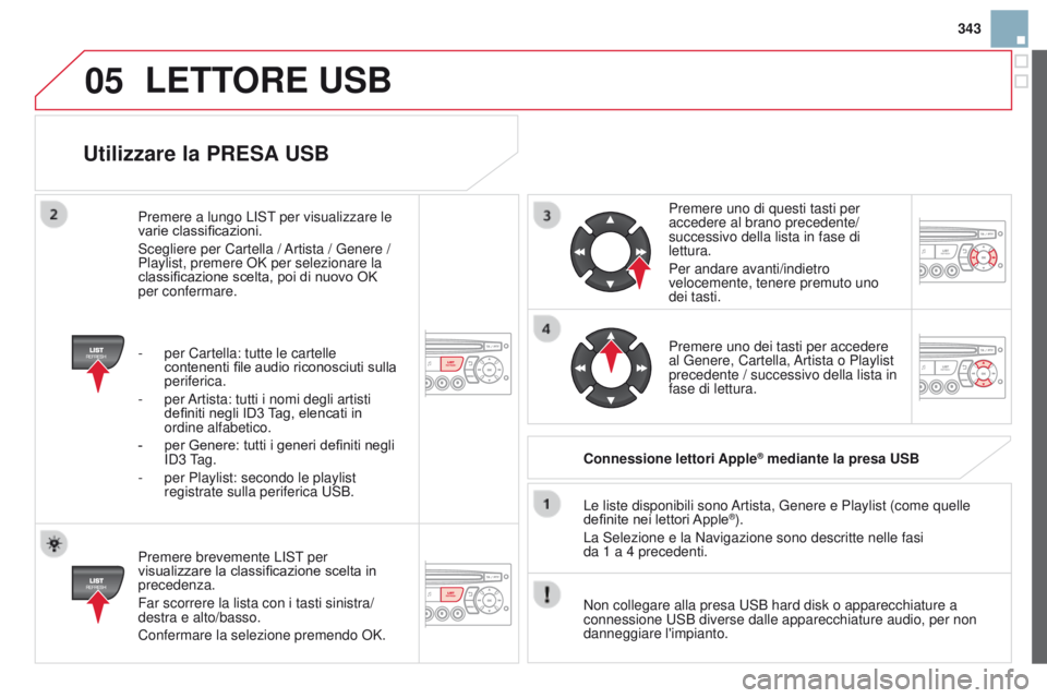 CITROEN DS3 2015  Libretti Di Uso E manutenzione (in Italian) 05
343
DS3_it_Chap13c_RD45_ed01_2014
Utilizzare la PRESA USB
Premere brevemente LiST per 
visualizzare la classificazione scelta in 
precedenza.
Far scorrere la lista con i tasti sinistra/
destra e al