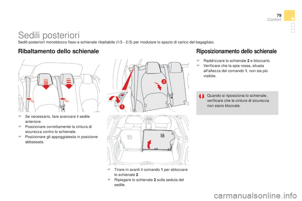 CITROEN DS3 2015  Libretti Di Uso E manutenzione (in Italian) 79
DS3_it_Chap04_confort_ed01-2014
Sedili posterioriSedili posteriori monoblocco fisso e schienale ribaltabile (1/3 - 2/3) per modulare lo spazio di carico del bagagliaio.
F  
S
 e necessario, fare av