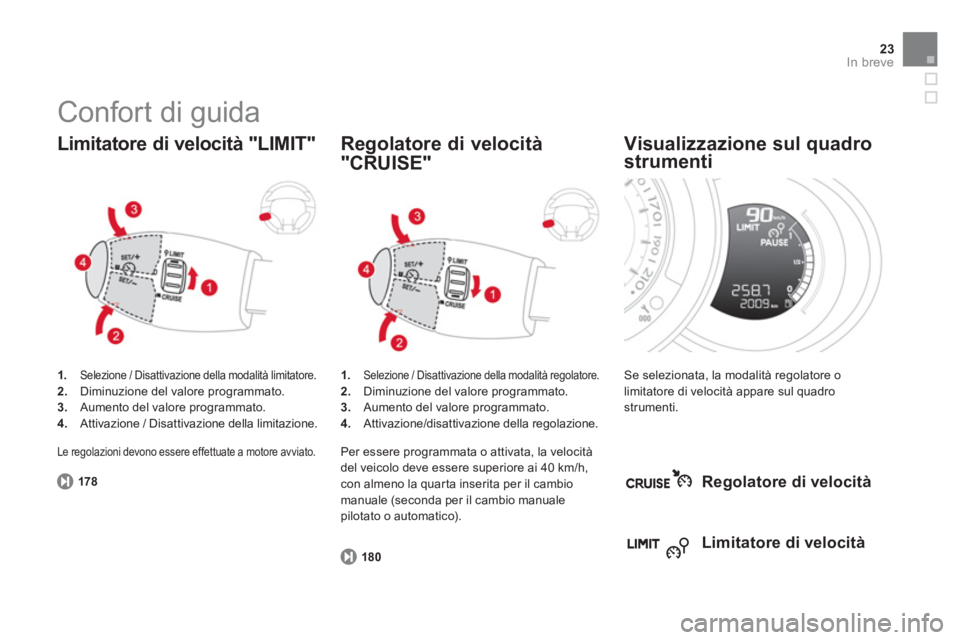 CITROEN DS3 2014  Libretti Di Uso E manutenzione (in Italian) 23In breve
  Confort di guida 
1.Selezione / Disattivazione della modalità limitatore.2.Diminuzione del valore programmato.3.Aumento del valore programmato.4.Attivazione / Disattivazione della limita