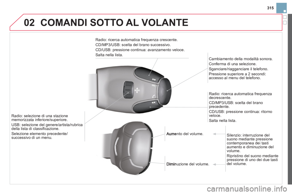 CITROEN DS3 2014  Libretti Di Uso E manutenzione (in Italian) 315
02COMANDI SOTTO AL VOLANTE
Radio: ricerca automatica frequenza crescente.
CD/MP3/USB: scelta del brano successivo.
CD/USB: 
pressione continua: avanzamento veloce. 
Salta nella lista.
   Cambiamen