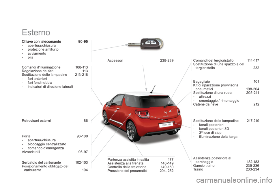 CITROEN DS3 2014  Libretti Di Uso E manutenzione (in Italian)   Esterno  
-  apertura/chiusura
-  protezione antifurto
-  avviamento 
-  pila
Comandi dilluminazione  108-113 
Regolazione dei fari  113 
Sostituzione delle lampadine  213 -216 
-  
fari anteriori
