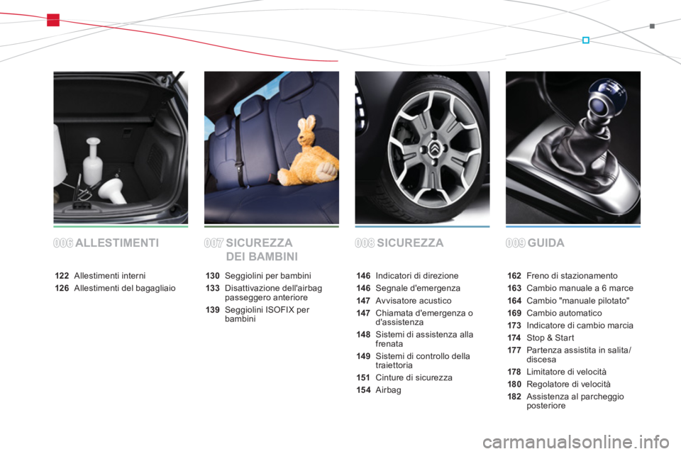 CITROEN DS3 2014  Libretti Di Uso E manutenzione (in Italian) SICUREZZA GUIDA ALLESTIMENTI SICUREZZA 
DEI BAMBINI
162Freno di stazionamento
163Cambio manuale a 6 marce
164  Cambio "manuale pilotato"
169Cambio automatico
173 Indicatore di cambio marcia
174Stop & 
