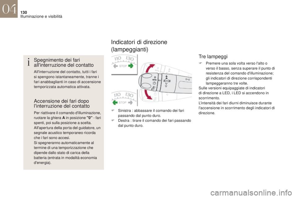 CITROEN DS4 2017  Libretti Di Uso E manutenzione (in Italian) 130
DS4_it_Chap04_eclairage-et-visibilite_ed01-2016
Spegnimento dei fari 
all'interruzione del contatto
All'interruzione del contatto, tutti i fari 
si spengono istantaneamente, tranne i 
fari