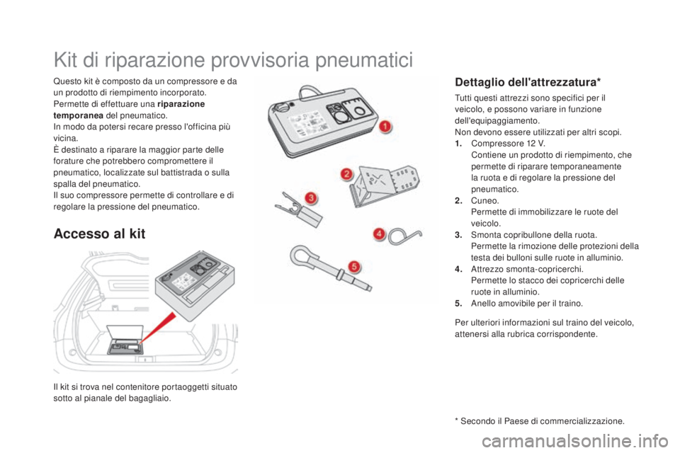 CITROEN DS5 2016 Libretti Di Uso E manutenzione (in Italian) DS5_it_Chap08_info-pratiques_ed02-2015
Il kit si trova nel contenitore portaoggetti situato
sotto al pianale del bagagliaio. Questo kit è composto da un compressore e da
un prodotto di riempimento CITROEN DS5 2016 Libretti Di Uso E manutenzione (in Italian) DS5_it_Chap08_info-pratiques_ed02-2015
Il kit si trova nel contenitore portaoggetti situato
sotto al pianale del bagagliaio. Questo kit è composto da un compressore e da
un prodotto di riempimento