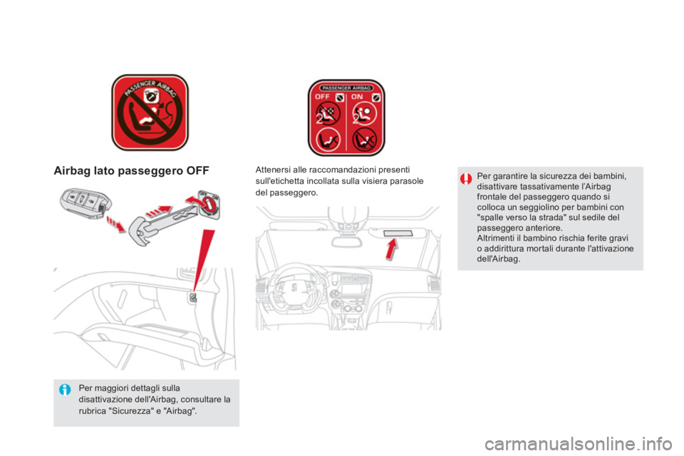 CITROEN DS5 2013  Libretti Di Uso E manutenzione (in Italian) Airbag lato passeggero OFF
   
Per maggiori dettagli sulla disattivazione dellAirbag, consultare larubrica "Sicurezza" e "Airbag".   
Attenersi alle raccomandazioni presenti
sulletichetta incollata 