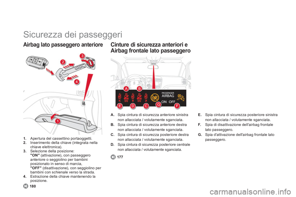CITROEN DS5 2013 Libretti Di Uso E manutenzione (in Italian) Sicurezza dei passeggeri
1.
Apertura del cassettino portaoggetti. 2.
Inserimento della chiave (integrata nellachiave elettronica). 3.Selezione della posizione:
"ON"
(attivazione), con passeg CITROEN DS5 2013 Libretti Di Uso E manutenzione (in Italian) Sicurezza dei passeggeri
1.
Apertura del cassettino portaoggetti. 2.
Inserimento della chiave (integrata nellachiave elettronica). 3.Selezione della posizione:
"ON"
(attivazione), con passeg