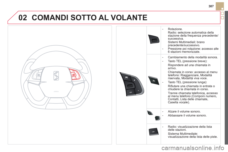 CITROEN DS5 2013  Libretti Di Uso E manutenzione (in Italian) 02
SRC



+
-
307
COMANDI SOTTO AL VOLANTE
-  Rotazione.  
Radio: selezione automatica dellastazione della frequenza precedente/successiva.Sistemi Multimediali: 
