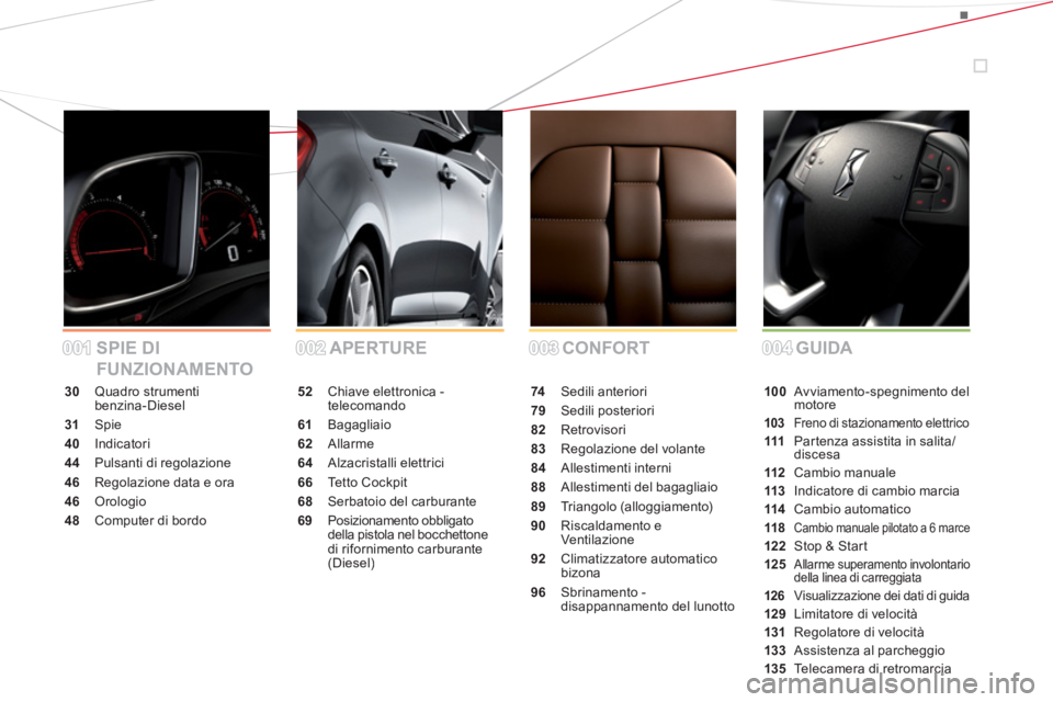CITROEN DS5 2013  Libretti Di Uso E manutenzione (in Italian) 001001002002003003004004 CONFORT APERTURE SPIE DI 
FUNZIONAMENTOGUIDA
30 Quadro strumenti benzina-Diesel
31 Spie
40Indicatori
44Pulsanti di regolazione
46 Regolazione data e ora
46 Orologio
48 Compute