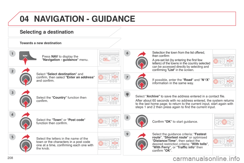 Citroen C3 PICASSO 2014 1.G Owners Manual 04
208
C3Picasso_en_Chap13b_RT6-2-8_ed01-2014
Press N AV to display the
"Navigation - guidance " menu.
Towards a new destination
Selecting a destination
Select "Select destination" and
confirm, then Citroen C3 PICASSO 2014 1.G Owners Manual 04
208
C3Picasso_en_Chap13b_RT6-2-8_ed01-2014
Press N AV to display the
"Navigation - guidance " menu.
Towards a new destination
Selecting a destination
Select "Select destination" and
confirm, then
