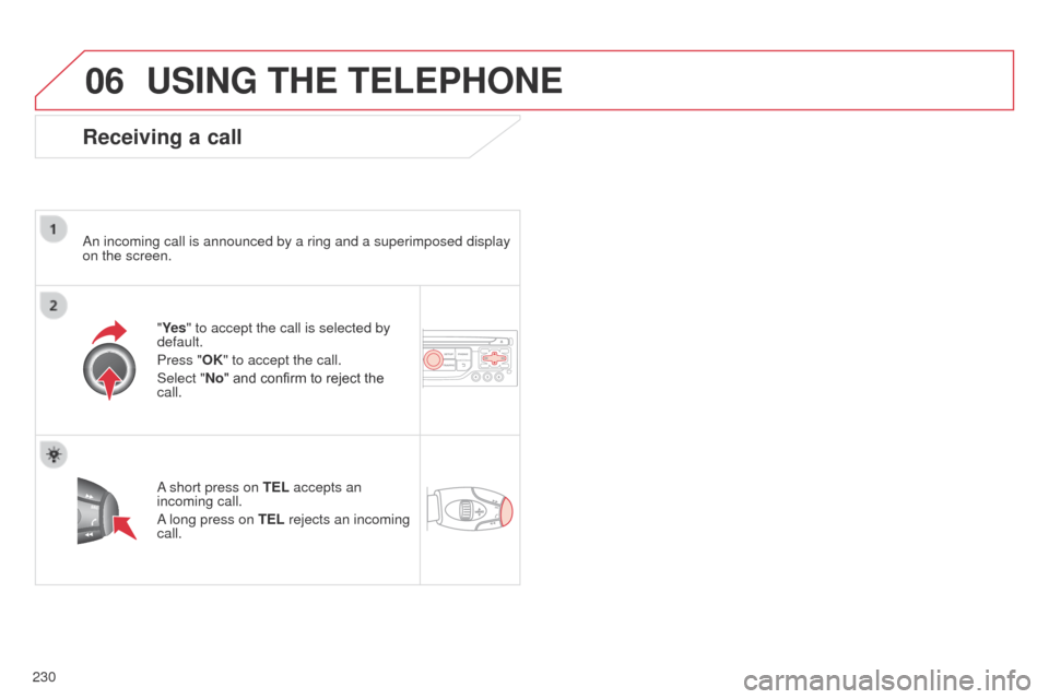 Citroen C3 PICASSO 2014 1.G Owners Manual 06
230
C3Picasso_en_Chap13b_RT6-2-8_ed01-2014
USING THE TELEPHONE
Receiving a call
an incoming call is announced by a ring and a superimposed display 
on the screen.
"
Ye s" to accept the call is sele