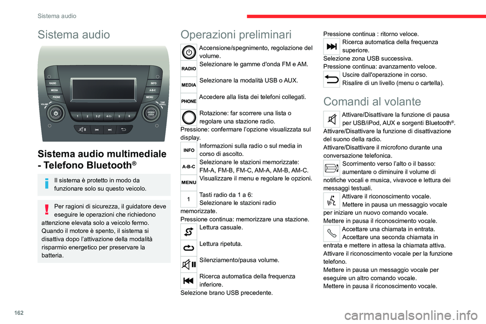 CITROEN JUMPER 2020 Libretti Di Uso E manutenzione (in Italian) 162
Sistema audio
Sistema audio
Sistema audio multimediale
- Telefono Bluetooth
®
Il sistema è protetto in modo da
funzionare solo su questo veicolo.
Per ragioni di sicurezza, il guidatore deve CITROEN JUMPER 2020 Libretti Di Uso E manutenzione (in Italian) 162
Sistema audio
Sistema audio
Sistema audio multimediale
- Telefono Bluetooth
®
Il sistema è protetto in modo da
funzionare solo su questo veicolo.
Per ragioni di sicurezza, il guidatore deve