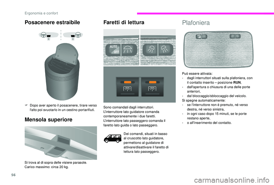 CITROEN JUMPER 2019 Libretti Di Uso E manutenzione (in Italian) 56
Posacenere estraibile
F Dopo aver aperto il posacenere, tirare verso l'alto poi svuotarlo in un cestino portarifiuti.
Mensola superiore
Si trova al di sopra delle visiere parasole.
Carico massi CITROEN JUMPER 2019 Libretti Di Uso E manutenzione (in Italian) 56
Posacenere estraibile
F Dopo aver aperto il posacenere, tirare verso l'alto poi svuotarlo in un cestino portarifiuti.
Mensola superiore
Si trova al di sopra delle visiere parasole.
Carico massi