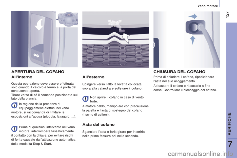 CITROEN JUMPER 2016  Libretti Di Uso E manutenzione (in Italian)  127
jumper_it_Chap07_Verifications_ed01-2015
All'interno
Questa operazione deve essere effettuata 
solo quando il veicolo è fermo e la porta del 
conducente aperta.
Tirare verso di sé il comand