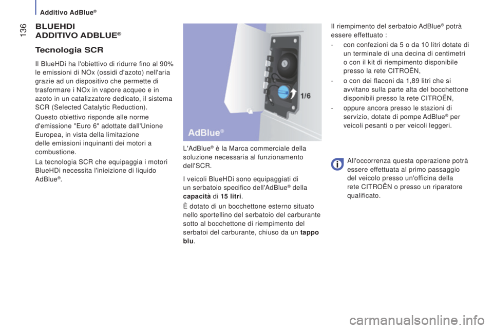 CITROEN JUMPER 2016  Libretti Di Uso E manutenzione (in Italian)  136
jumper_it_Chap07_Verifications_ed01-2015
BLUEHDI
ADDITIVO  A D B LUE®
L'AdBlue® è la Marca commerciale della 
soluzione necessaria al funzionamento 
dell'SCR.
I veicoli BlueHDi sono eq