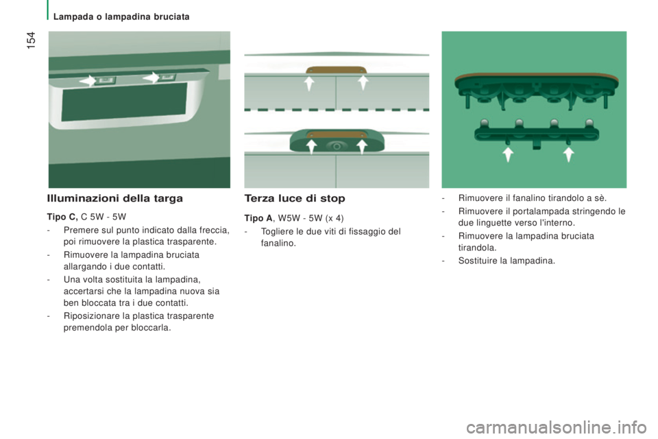 CITROEN JUMPER 2016  Libretti Di Uso E manutenzione (in Italian)  154
jumper_it_Chap08_Aide-Rapide_ed01-2015
Terza luce di stop
Tipo A, W5W - 5W (x 4)
- 
T
 ogliere le due viti di fissaggio del 
fanalino.
Illuminazioni della targa
Tipo C, C 5W - 5W
-
 
Premere sul 