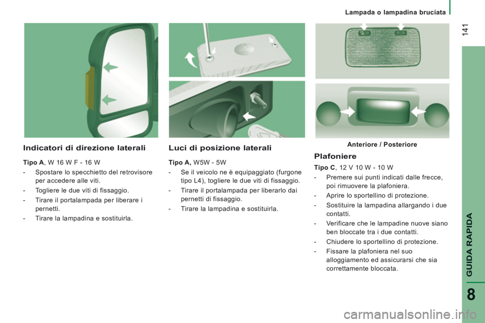 CITROEN JUMPER 2015 Libretti Di Uso E manutenzione (in Italian) Lampada o lampadina bruciata
141
GUIDA RAPIDA
8
JUMPER-PAPIER_IT_CHAP08_AIDE RAPIDE_ED01-2014
Plafoniere
Tipo C , 12 V 10 W - 10 W
- Premere sui punti indicati dalle frecce, poi r CITROEN JUMPER 2015 Libretti Di Uso E manutenzione (in Italian) Lampada o lampadina bruciata
141
GUIDA RAPIDA
8
JUMPER-PAPIER_IT_CHAP08_AIDE RAPIDE_ED01-2014
Plafoniere
Tipo C , 12 V 10 W - 10 W
- Premere sui punti indicati dalle frecce, poi r