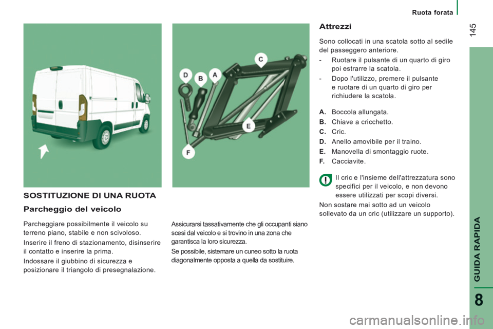 CITROEN JUMPER 2015 Libretti Di Uso E manutenzione (in Italian) Ruota forata
145
GUIDA RAPIDA
8
JUMPER-PAPIER_IT_CHAP08_AIDE RAPIDE_ED01-2014
Parcheggio del veicolo
Parcheggiare possibilmente il veicolo su
terreno piano, stabile e non scivoloso.
I CITROEN JUMPER 2015 Libretti Di Uso E manutenzione (in Italian) Ruota forata
145
GUIDA RAPIDA
8
JUMPER-PAPIER_IT_CHAP08_AIDE RAPIDE_ED01-2014
Parcheggio del veicolo
Parcheggiare possibilmente il veicolo su
terreno piano, stabile e non scivoloso.
I