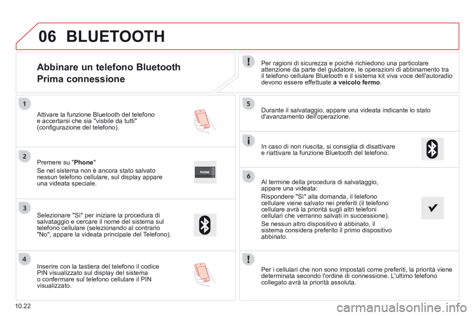 CITROEN JUMPER 2015 Libretti Di Uso E manutenzione (in Italian) 06
10.22
Abbinare un telefono Bluetooth
Prima connessione
Per ragioni di sicurezza e poiché richiedono una particolare attenzione da parte del guidatore, le operazioni di abbiname CITROEN JUMPER 2015 Libretti Di Uso E manutenzione (in Italian) 06
10.22
Abbinare un telefono Bluetooth
Prima connessione
Per ragioni di sicurezza e poiché richiedono una particolare attenzione da parte del guidatore, le operazioni di abbiname