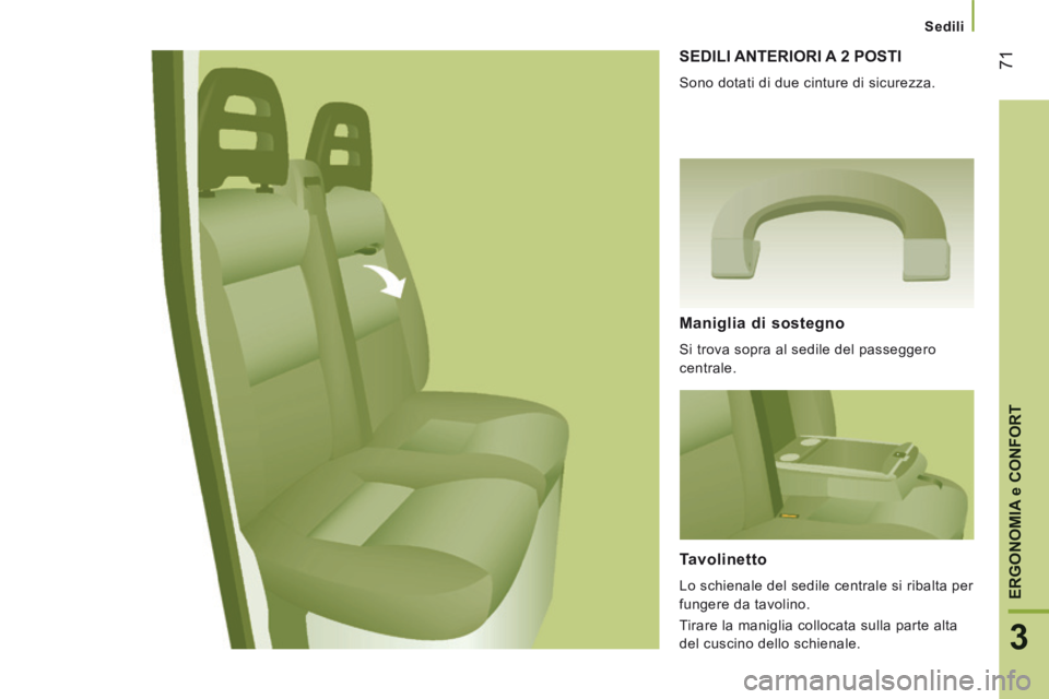 CITROEN JUMPER 2015  Libretti Di Uso E manutenzione (in Italian)    Sedili   
71
3
ERGONOMIA 
e CONFORT
JUMPER-PAPIER_IT_CHAP03_ERGO ET CONFORT_ED01-2014
 SEDILI ANTERIORI A 2 POSTI 
 Sono dotati di due cinture di sicurezza. 
  Maniglia  di  sostegno 
 Si trova sop