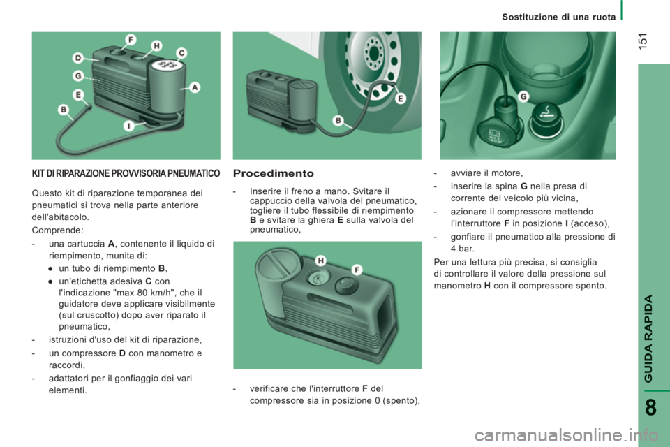 CITROEN JUMPER 2014  Libretti Di Uso E manutenzione (in Italian) 151
GUIDA RAPID
A
8
   
 
Sostituzione di una ruota  
 
 KIT DI RIPARAZIONE PROVVISORIA PNEUMATICO  
 
Procedimento 
 
 
 
-   Inserire il freno a mano. Svitare il 
cappuccio della valvola del pneumat
