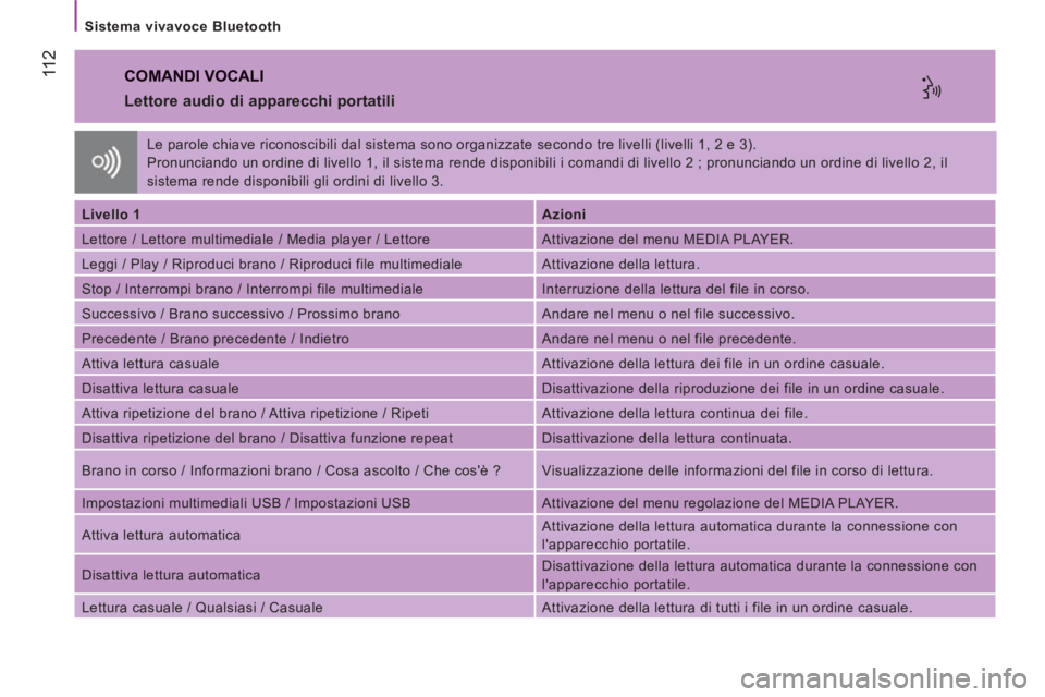 CITROEN JUMPER 2013  Libretti Di Uso E manutenzione (in Italian) 11 2
   
Sistema vivavoce Bluetooth  
 
COMANDI VOCALI
   
Lettore audio di apparecchi portatili 
 
 
 
Livello 1  
   
 
Azioni  
 
  Lettore / Lettore multimediale / Media player / Lettore   Attivaz