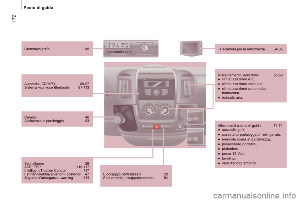 CITROEN JUMPER 2013  Libretti Di Uso E manutenzione (in Italian) 17
6
Posto di guida  
 
 
 
Bloccaggio centralizzato 29 
Sbrinamento- disappannamento 54
 
 
Autoradio, CD/MP3 89-97  Sistema viva voce Bluetooth 97-113 
 
 
 Cronotachigrafo 88   
 
Telecamera per la