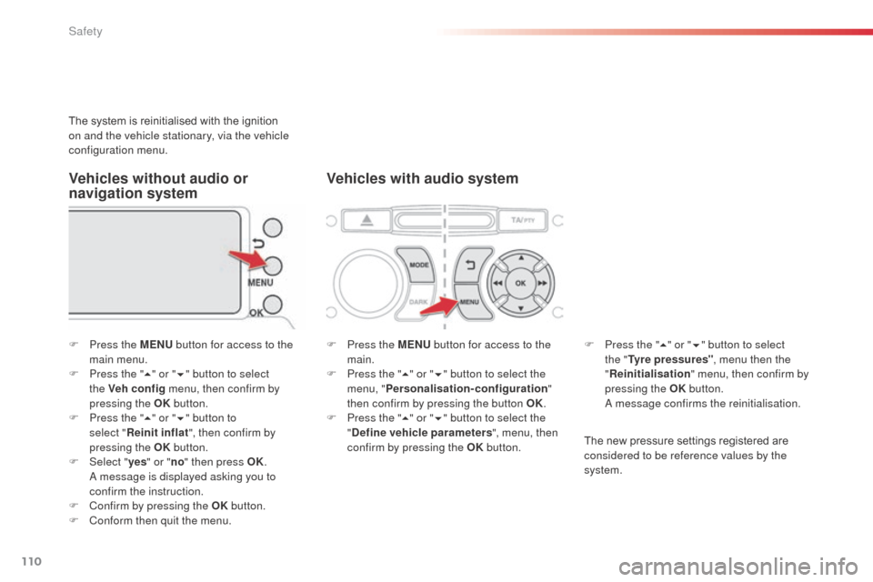 Citroen C3 PICASSO RHD 2014 1.G Owners Manual 110
The system is reinitialised with the ignition
on and the vehicle stationary, via the vehicle
configuration menu.
F
P
ress the MENU button for access to the
main menu.
F
P
ress the " 5" or Citroen C3 PICASSO RHD 2014 1.G Owners Manual 110
The system is reinitialised with the ignition
on and the vehicle stationary, via the vehicle
configuration menu.
F
P
ress the MENU button for access to the
main menu.
F
P
ress the " 5" or