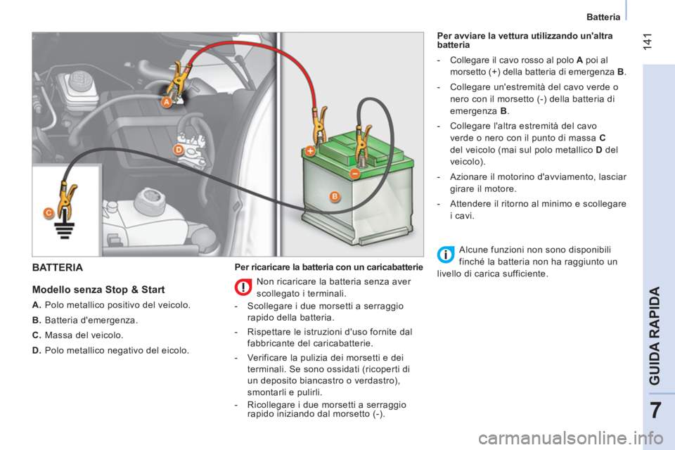 CITROEN NEMO 2014  Libretti Di Uso E manutenzione (in Italian)  141
7
GUIDA RAPIDA
 
 
 
Batteria  
 
 
BATTERIA 
 
 
Modello senza Stop & Start 
 
 
 
A. 
  Polo metallico positivo del veicolo. 
   
B. 
 Batteria demergenza. 
   
C. 
  Massa del veicolo. 
   
D