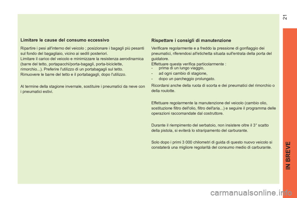 CITROEN NEMO 2014  Libretti Di Uso E manutenzione (in Italian) IN BREVE
 21
 
 
Limitare le cause del consumo eccessivo 
 
 
Ripartire i pesi allinterno del veicolo ; posizionare i bagagli più pesanti 
sul fondo del bagagliaio, vicino ai sedili posteriori. 
  L