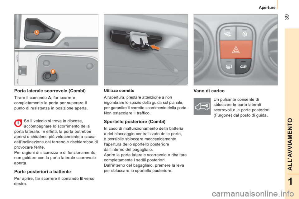 CITROEN NEMO 2014  Libretti Di Uso E manutenzione (in Italian)  39
1
ALLAVVIAMENTO
Aperture
 
 
Utilizzo corretto 
  Allapertura, prestare attenzione a non 
ingombrare lo spazio della guida sul pianale, 
per garantire il corretto scorrimento della porta. 
  Non