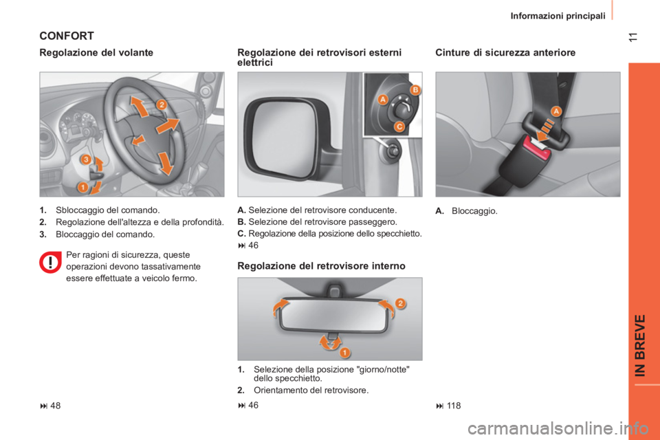 CITROEN NEMO 2013  Libretti Di Uso E manutenzione (in Italian)  11
IN BREVE
 
Informazioni principali 
 
 
Cinture di sicurezza anteriore 
 
 
 
A. 
 Bloccaggio.  
   
 
� 
 118  
 
 
CONFORT 
 
 
Regolazione del volante 
 
 
 
1. 
  Sbloccaggio del comando. 
  