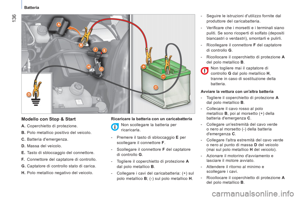 CITROEN NEMO 2013  Libretti Di Uso E manutenzione (in Italian)  136
Batteria
 
 
Modello con Stop & Start 
 
 
 
A. 
  Coperchietto di protezione. 
   
B. 
  Polo metallico positivo del veicolo. 
   
C. 
 Batteria demergenza. 
   
D. 
  Massa del veicolo. 
   
E